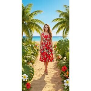 SheShe Tropical Print Dress Red Botanical Fit & Flare Resort Wear Vacation M